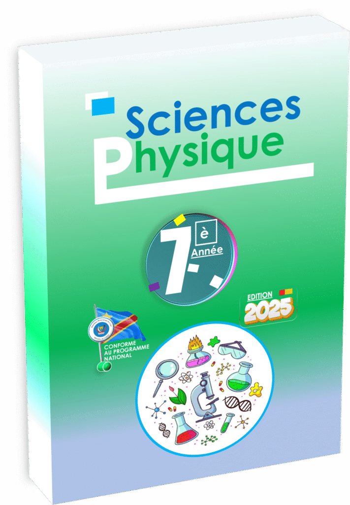 Manuel de sciences physiques pour la 7e année en RDC : conforme au programme de l’EPST, il introduit les bases de la physique à travers des expériences simples, des schémas explicatifs et des activités adaptées au contexte congolais. Un outil pédagogique essentiel pour éveiller la curiosité scientifique des élèves.