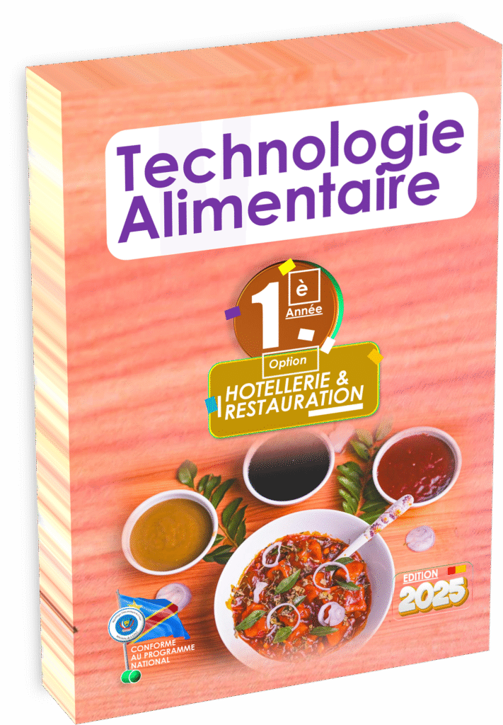 Formez vos élèves aux bases scientifiques essentielles liées à l’alimentation grâce au manuel « Technologie Alimentaire – 1ʳᵉ année Hôtellerie et Restauration », conçu en conformité avec le programme officiel de l’EPST. Parfaitement adapté au contexte éducatif de la RDC, ce manuel édition 2025 introduit les premiers concepts fondamentaux de la science des aliments, en préparation aux Items EXETAT dès la rentrée scolaire 2025.