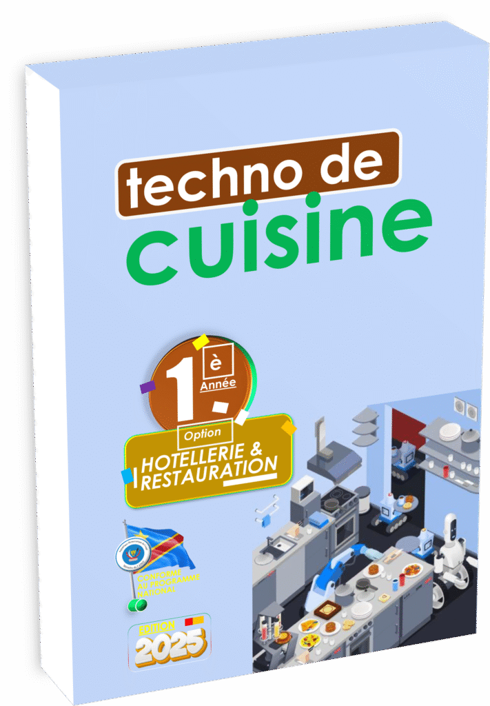 Initiez vos élèves aux fondements de la cuisine professionnelle avec le manuel “Technologie de Cuisine – 1ʳᵉ année”, élaboré selon le programme officiel de l’EPST. Parfaitement adapté au contexte éducatif de la RDC, ce manuel édition 2025 propose une approche progressive et pratique, tout en intégrant les Items EXETAT de base, pour une montée en compétence dès la rentrée scolaire 2025.