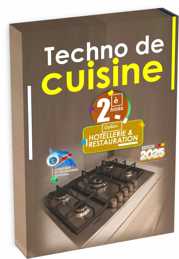Plongez dans l’univers de la cuisine professionnelle avec le manuel “Technologie de Cuisine – 2ᵉ année”, aligné sur le programme officiel EPST et enrichi pour la rentrée scolaire 2025. Ce guide pédagogique complet prépare les élèves aux compétences culinaires fondamentales et leur donne un accès pratique aux Items EXETAT nécessaires pour réussir dans le domaine hôtelier congolais.