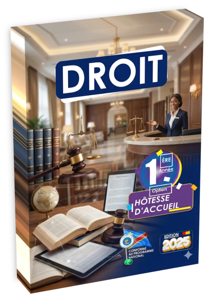 Couverture du manuel de Droit pour la 1ère année de l'option Hôtesse d'Accueil en RDC