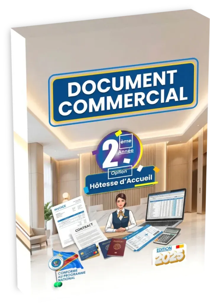 Couverture du manuel de Documentation Commerciale, 2ème année, option Hôtesse d'Accueil, programme de l'enseignement secondaire et technique en RDC.