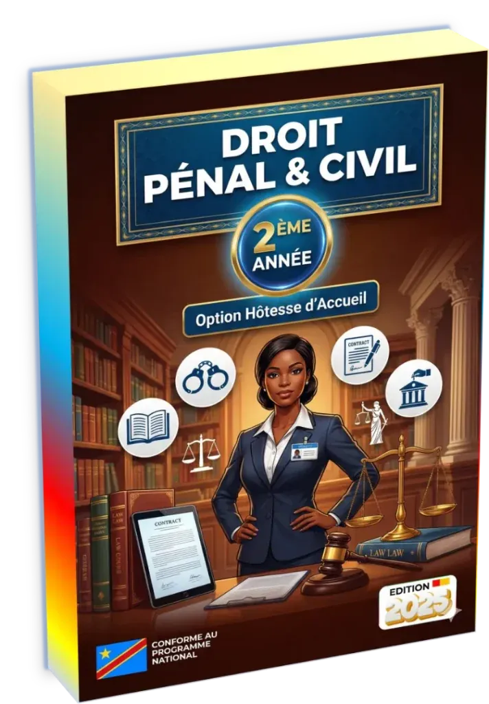 Couverture du manuel de Droit Pénal et Civil pour la 2ème année de l'option Hôtesse d'Accueil en RDC.