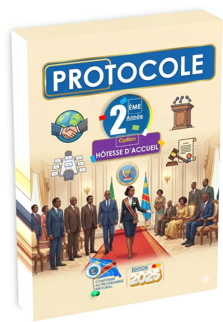 Couverture du manuel de Protocole pour la 2ème année, option Hôtesse d'Accueil en RDC.