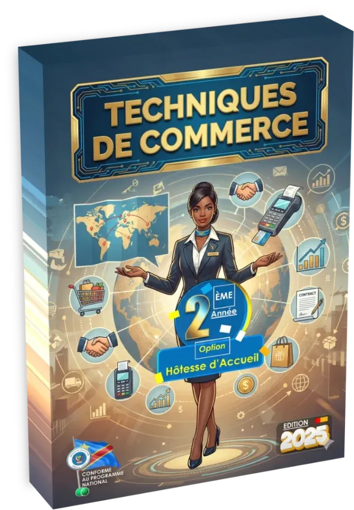 Couverture du manuel de Techniques de Commerce, option Hôtesse d'Accueil pour la 2ème année en RDC.