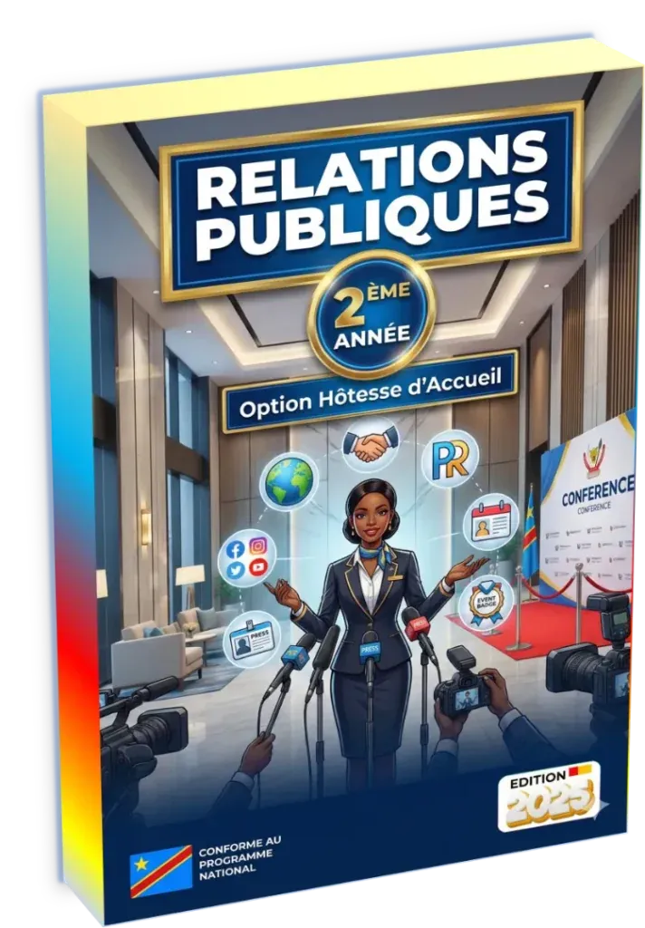 Couverture du manuel de Relations Publiques pour la 2ème année, option Hôtesse d'Accueil en RDC.