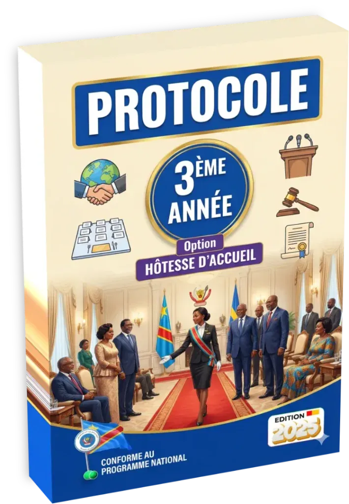 Couverture du manuel de Protocole pour la 3ème année, option Hôtesse d'Accueil, programme de la RDC.