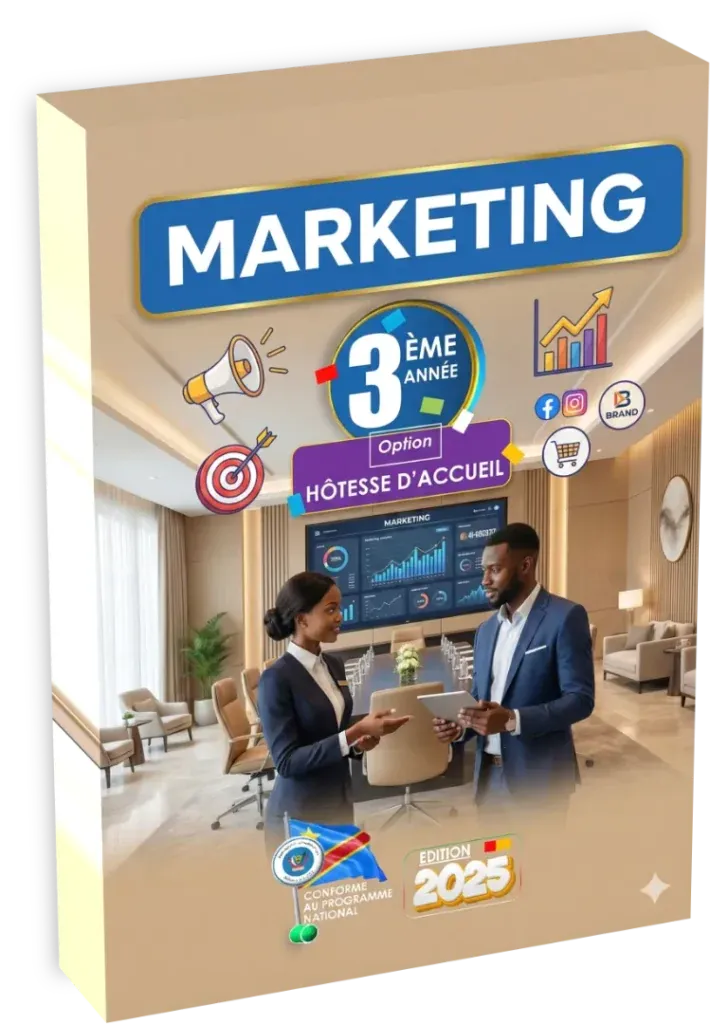 Couverture du manuel scolaire de Marketing pour la 3ème année, option Hôtesse d'Accueil en RDC.