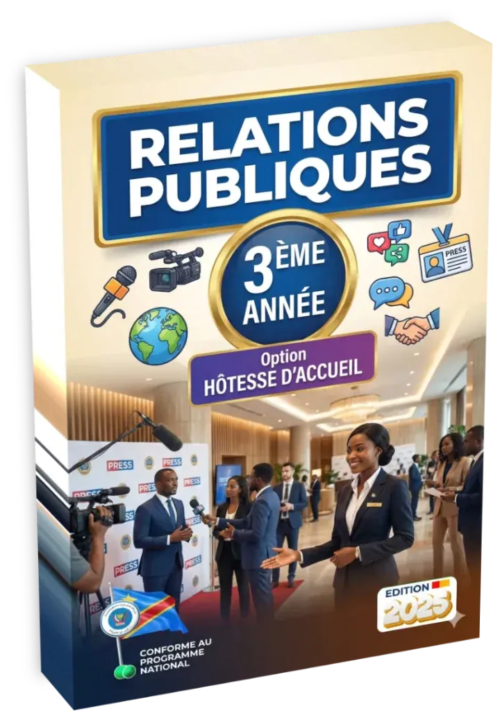 Couverture du manuel de Relations Publiques pour la 3ème année, option Hôtesse d'Accueil, enseignement technique en RDC.