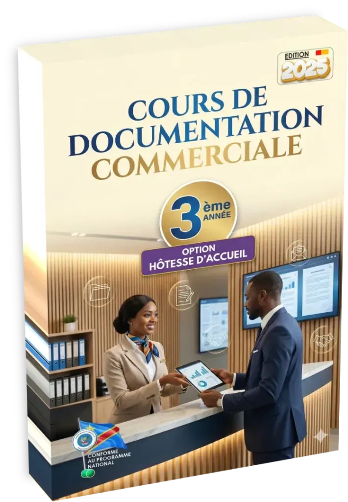 Couverture du manuel de Documentation Commerciale, 3ème année, option Hôtesse d'Accueil, programme de la RDC.