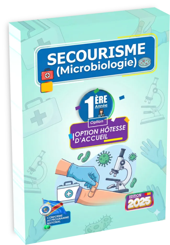 Couverture du manuel de Secourisme et Microbiologie pour la 1ère année de l'option Hôtesse d'Accueil en RDC.