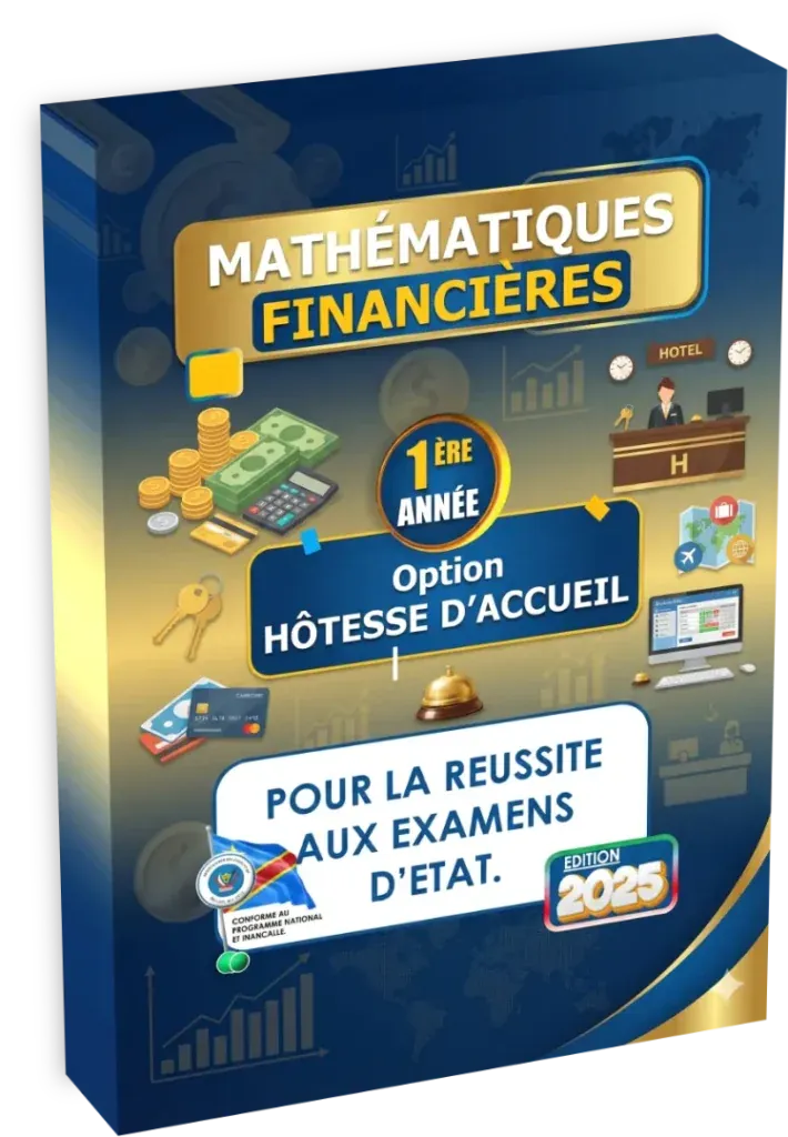 Couverture du manuel de Mathématiques Financières pour Hôtesse d'Accueil, 1ère année, programme RDC.