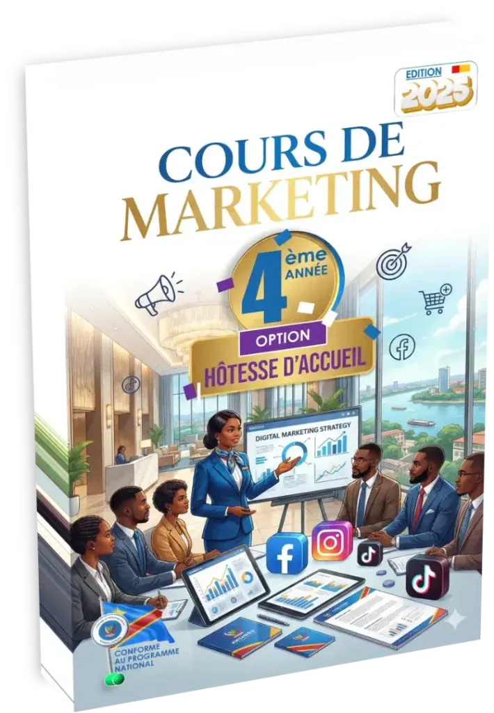 Couverture du manuel de Marketing pour la 4ème année, option Hôtesse d'Accueil, programme de RDC.