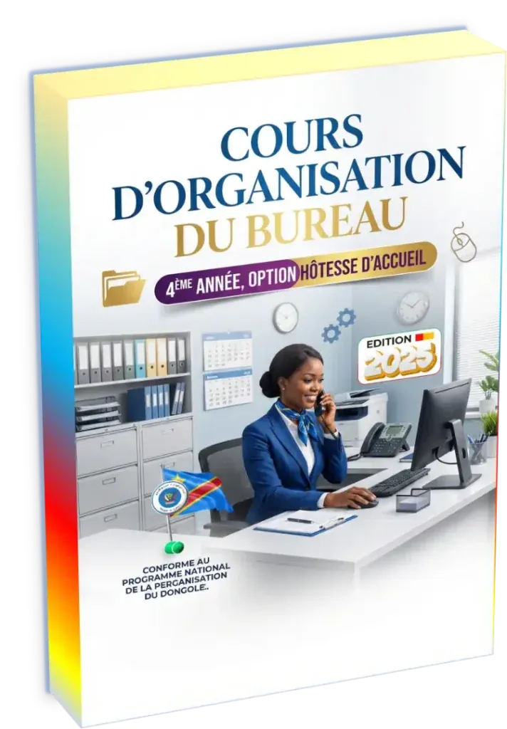 Couverture du manuel scolaire d'Organisation du Bureau pour la 4ème année, option Hôtesse d'Accueil en RDC.