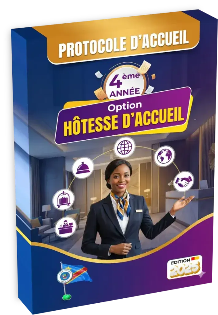 Couverture du manuel de Techniques d'Accueil pour la 4ème année, option Hôtesse d'Accueil en RDC.