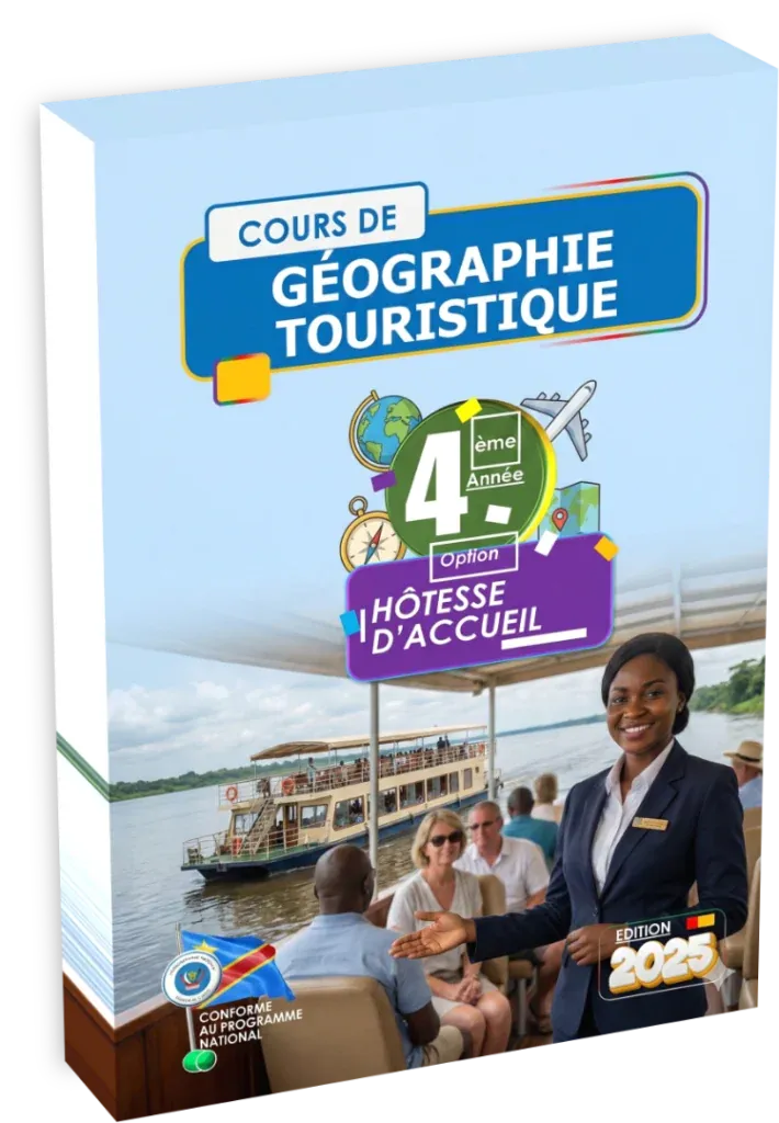 Couverture du manuel de Géographie Touristique pour la 4ème année, option Hôtesse d'Accueil en RDC.