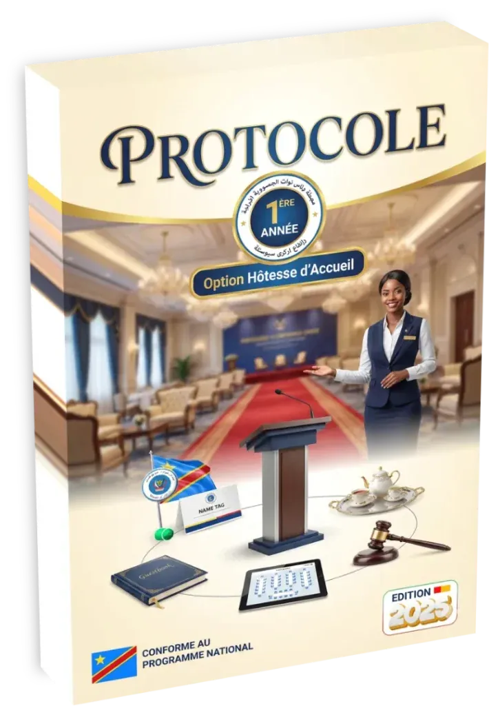 Couverture du manuel de Protocole pour la 1ère année de l'option Hôtesse d'Accueil en RDC.