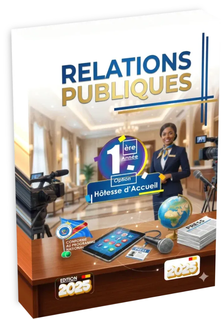 Couverture du manuel de Relations Publiques, 1ère année, option Hôtesse d'Accueil, pour l'enseignement technique en RDC.