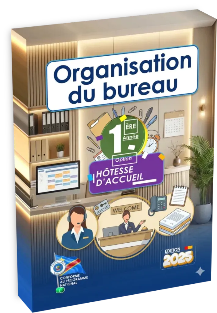 Couverture du manuel d'Organisation du Bureau, 1ère année, option Hôtesse d'Accueil, enseignement technique RDC.