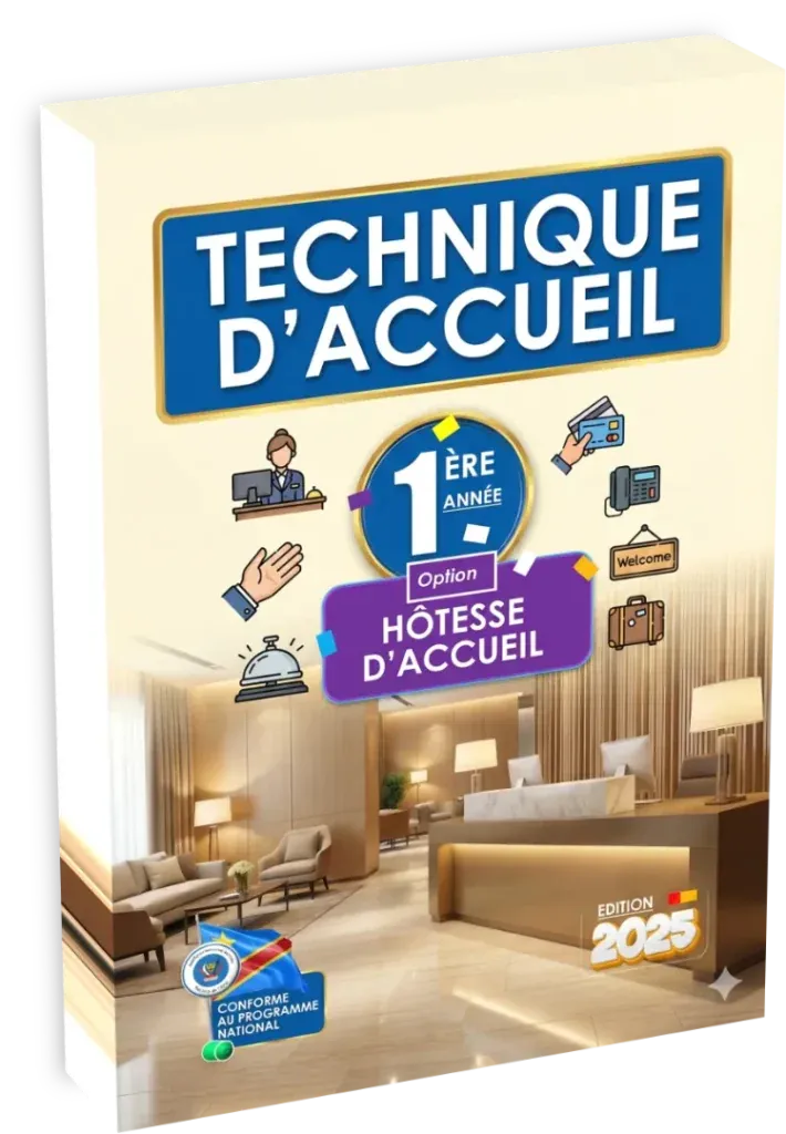 Couverture du manuel de Techniques d'Accueil, 1ère année, option Hôtesse d'Accueil, programme de la RDC.