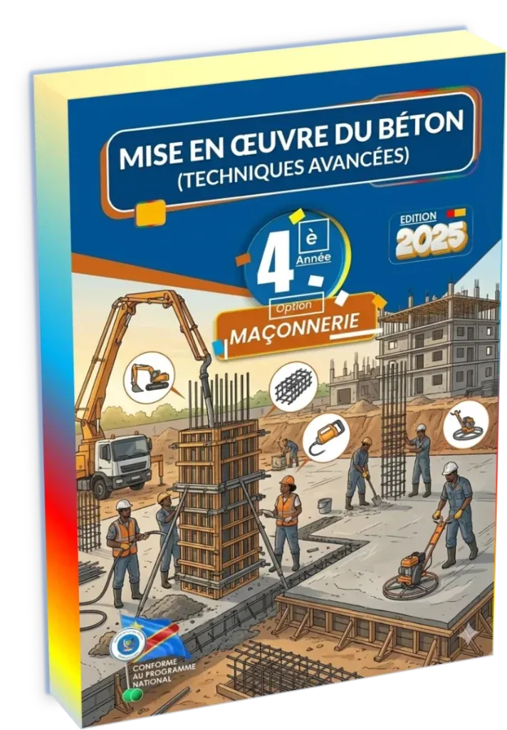 Couverture du manuel de Mise en œuvre du béton pour la 4ème année maçonnerie en RDC.