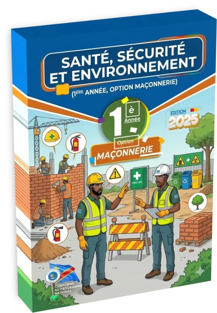 Couverture du manuel de Santé, Sécurité et Environnement pour la 1ère année de l'option Maçonnerie en RDC.