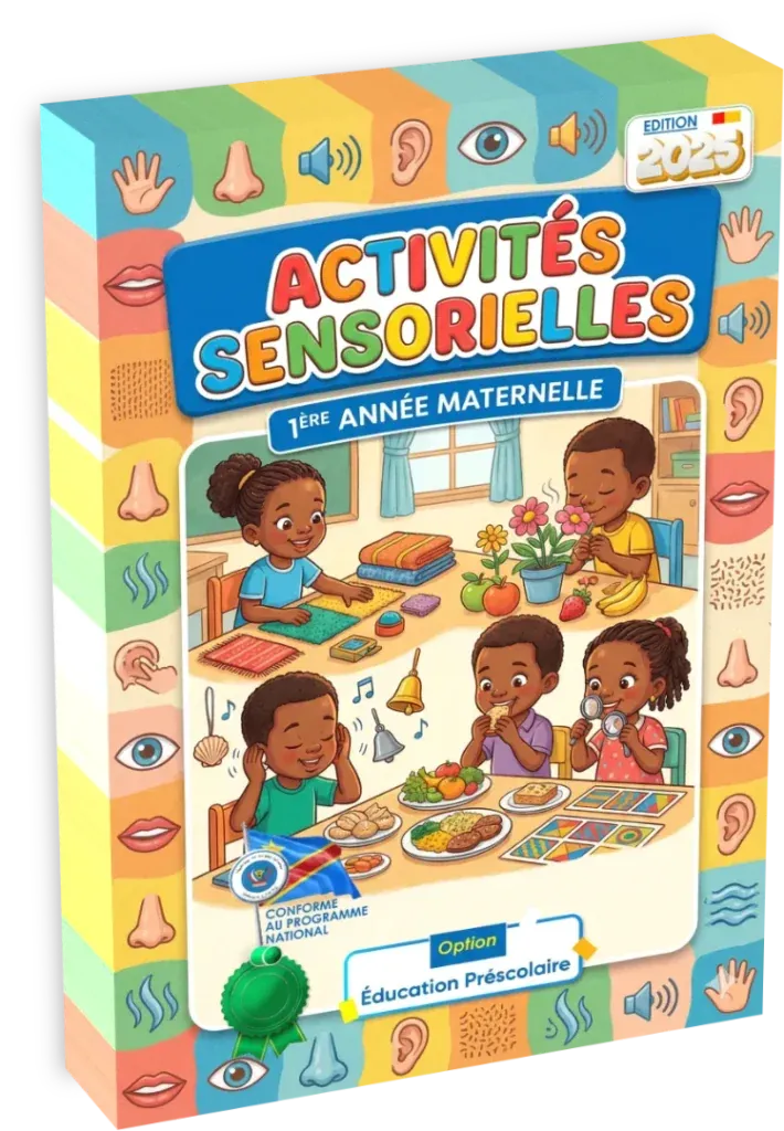 Couverture du manuel d'activités sensorielles pour la 1ère année de maternelle en RDC, édition 2025.