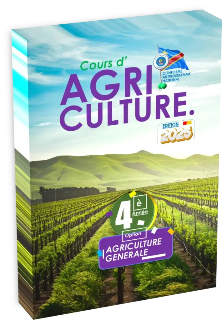 3D book cover for a French agriculture course titled 'Cours d' Agriculture' with a vineyard landscape and a purple 'Agriculture Generale' label (4e année option) and a 2023 edition badge.