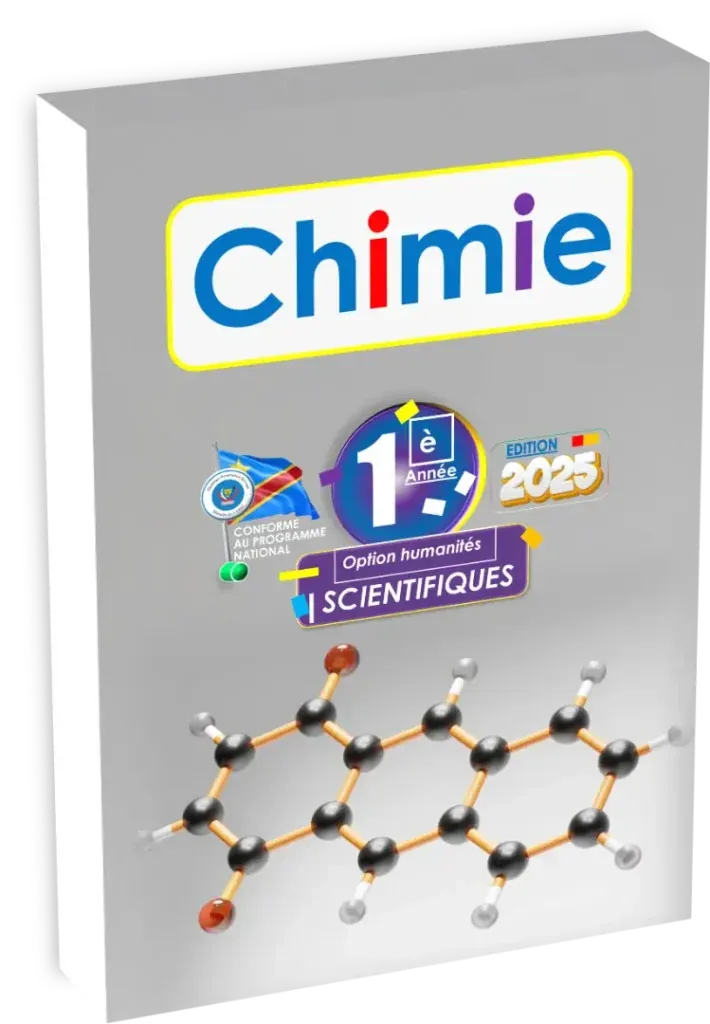 Couverture du manuel de Chimie pour la 1ère année option scientifique en RDC, édition 2025.
