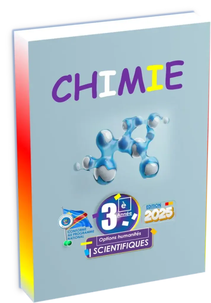Couverture du manuel de Chimie pour la 3ème année, option scientifique en RDC, édition 2025.