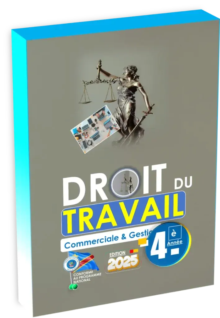 Couverture du manuel scolaire de Droit du Travail pour la 4ème année Commerciale et Gestion (CG) en RDC, édition 2025.