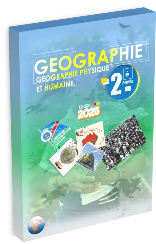 Couverture du manuel scolaire de Géographie pour la 2ème année secondaire en RDC, édition 2025.