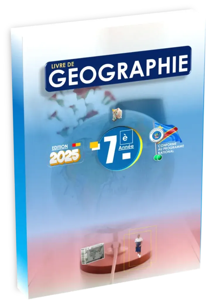 Couverture du manuel scolaire de Géographie pour la 7ème année, programme de la RDC, édition 2025.