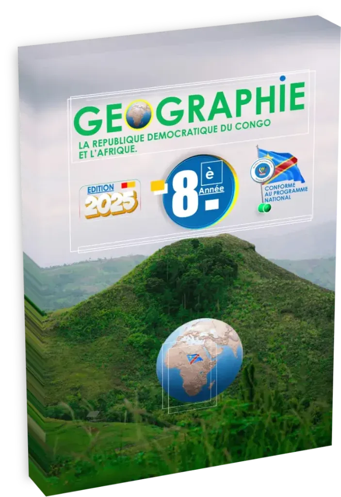 Couverture du manuel scolaire de Géographie pour la 8ème année en RDC, édition 2025.