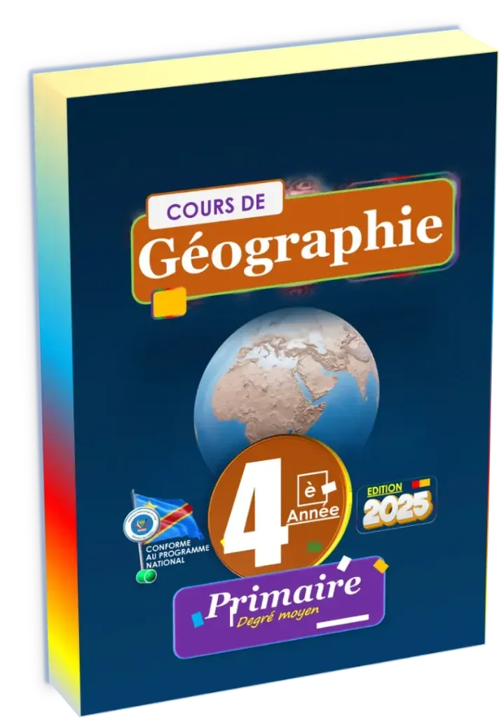 Couverture du manuel de Géographie 4ème année primaire RDC, édition 2025.