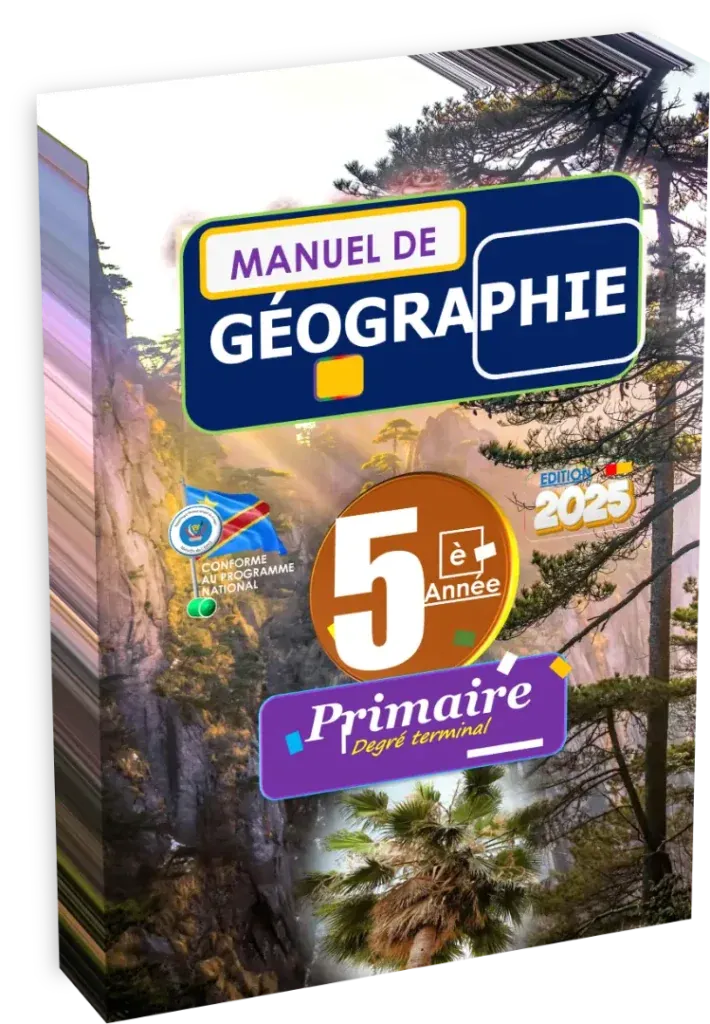 Couverture du manuel de Géographie 5ème année primaire, programme de la RDC, édition 2025.