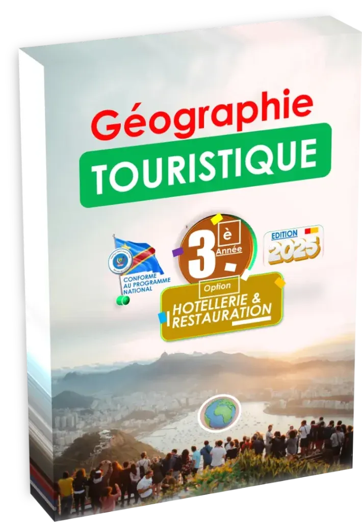 Couverture du manuel de Géographie Touristique pour la 3ème année Hôtellerie et Restauration, programme RDC.