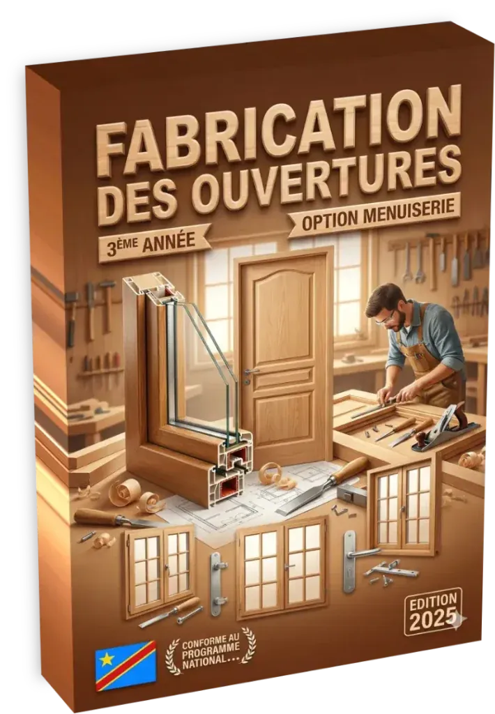Couverture du manuel scolaire 'Fabrication des Ouvertures' pour la 3ème année en menuiserie, édition 2025.