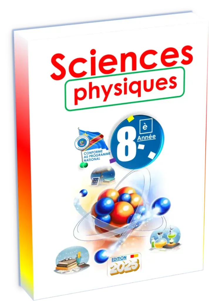Couverture du manuel de Sciences Physiques pour la 8ème année du programme scolaire de la RDC, édition 2025.
