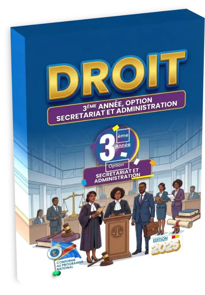 Couverture du manuel de Droit pour la 3ème année option Secrétariat et Administration en RDC.