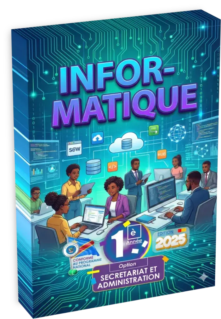 Couverture du manuel d'Informatique 1ère année, option Secrétariat et Administration, programme RDC.