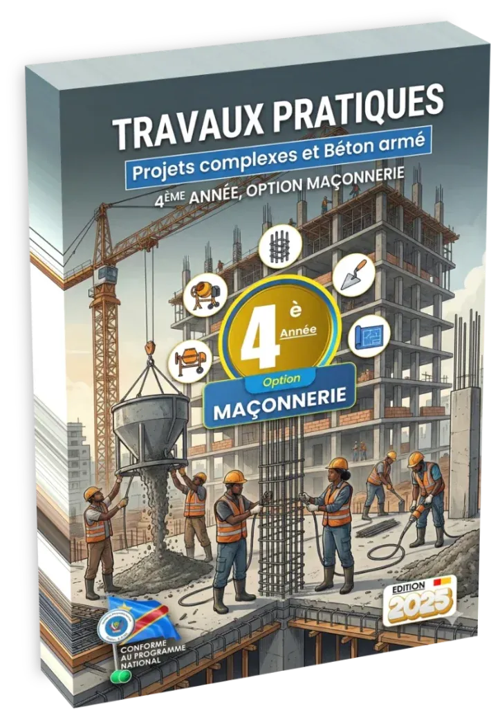 Couverture du manuel de Travaux Pratiques en Maçonnerie pour la 4ème année, illustrant des projets de construction.