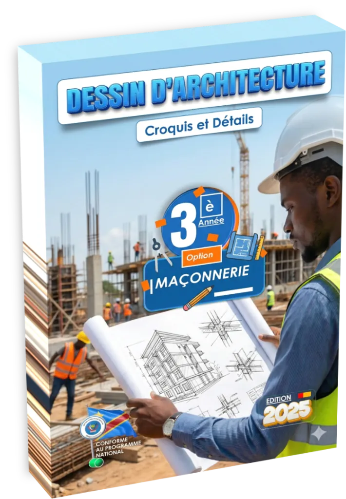 Couverture du manuel de Dessin d'Architecture pour la 3ème année, option Maçonnerie, enseignement secondaire et technique en RDC.