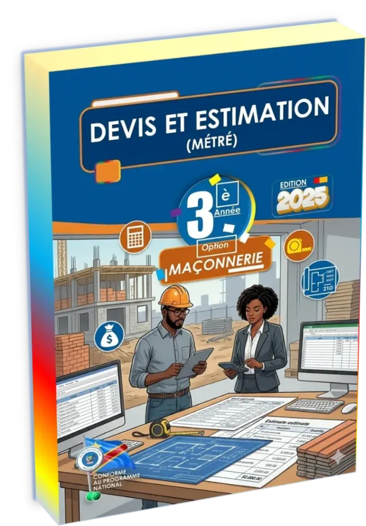 Couverture du manuel scolaire Devis et Estimation (Métré) pour la 3ème année en maçonnerie, enseignement technique en RDC.