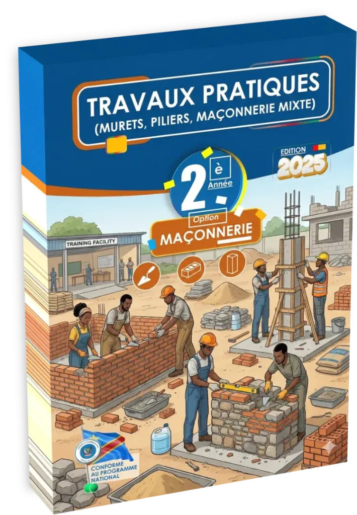 Couverture du manuel de Travaux Pratiques de Maçonnerie pour la 2ème année de l'enseignement secondaire et technique en RDC.