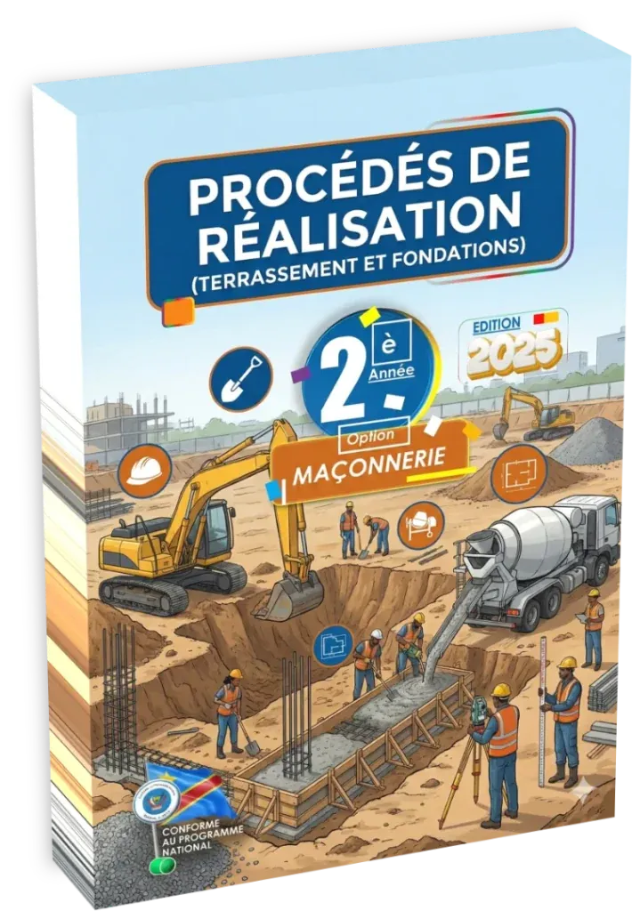 Couverture du manuel scolaire Procédés de Réalisation pour la 2ème année en maçonnerie, enseignement technique en RDC.