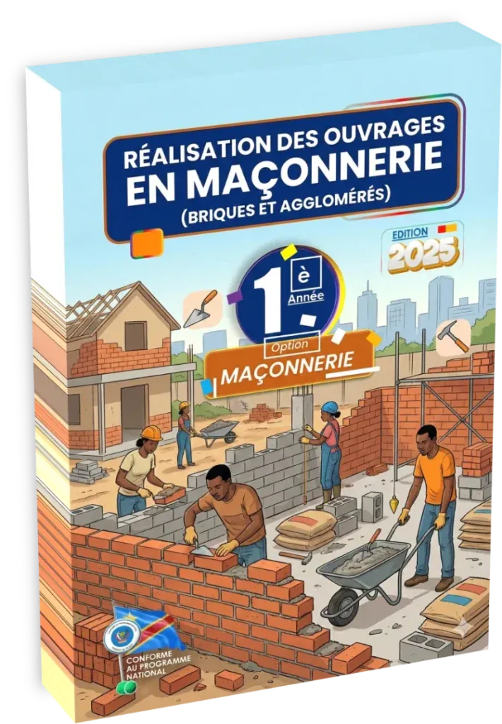 Couverture du manuel scolaire 'Réalisation des Ouvrages en Terre', option maçonnerie, 1ère année, pour l'enseignement technique en RDC.