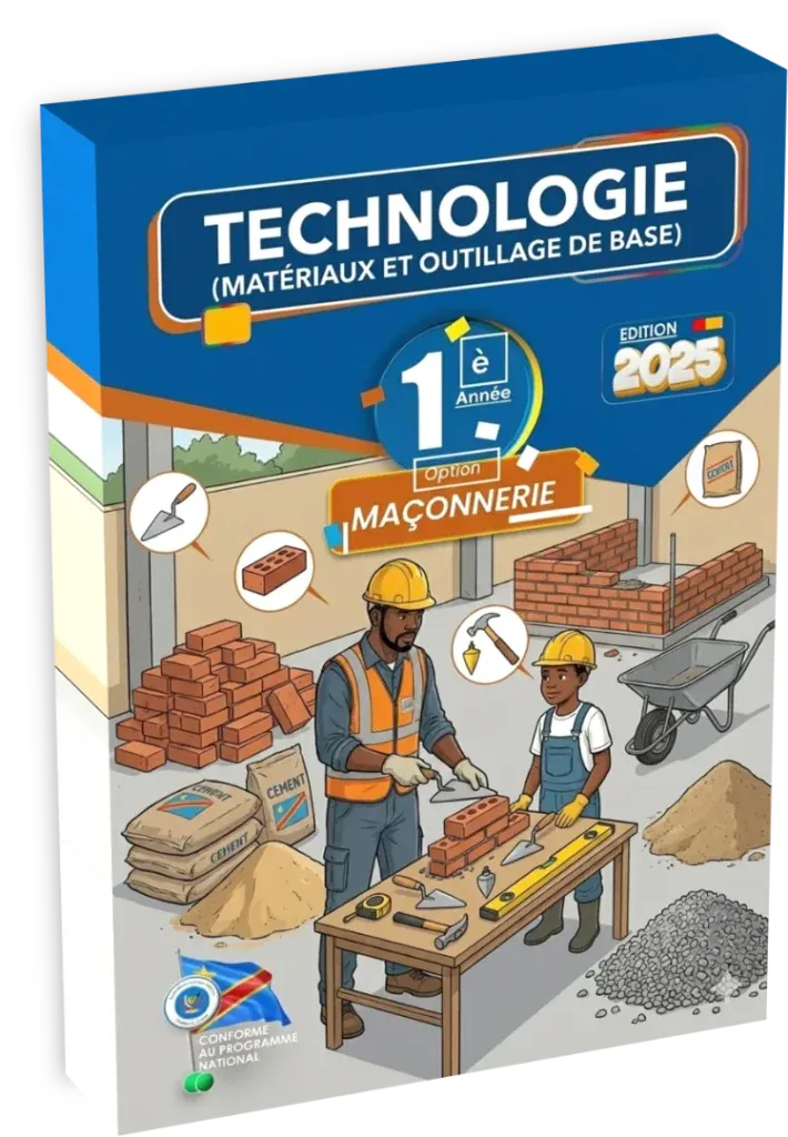 Couverture du manuel de Technologie 1ère année, option Maçonnerie, pour l'enseignement secondaire et technique en RDC.